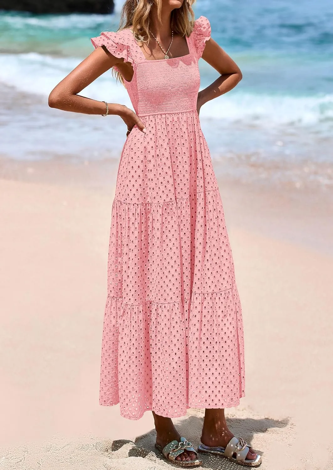 PRETTYGARDEN Womens Summer Square Neck Maxi Dresses Cap Sleeve Eyelet Smocked Tiered A Line Flowy Long Dress with Pockets