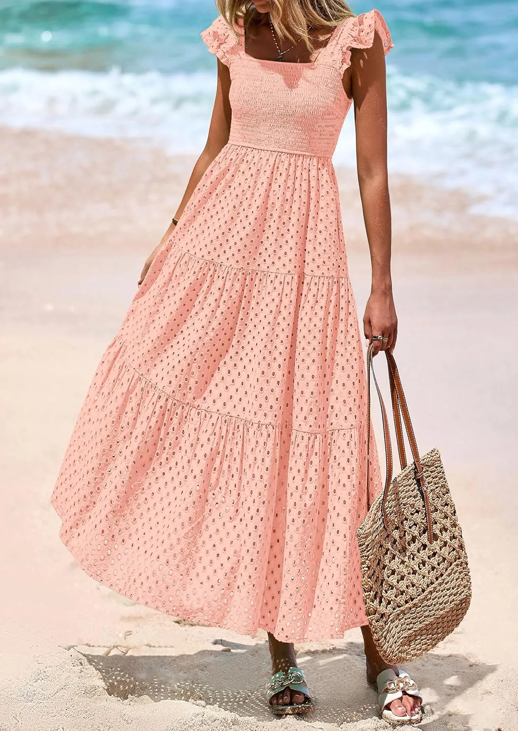 PRETTYGARDEN Womens Summer Square Neck Maxi Dresses Cap Sleeve Eyelet Smocked Tiered A Line Flowy Long Dress with Pockets