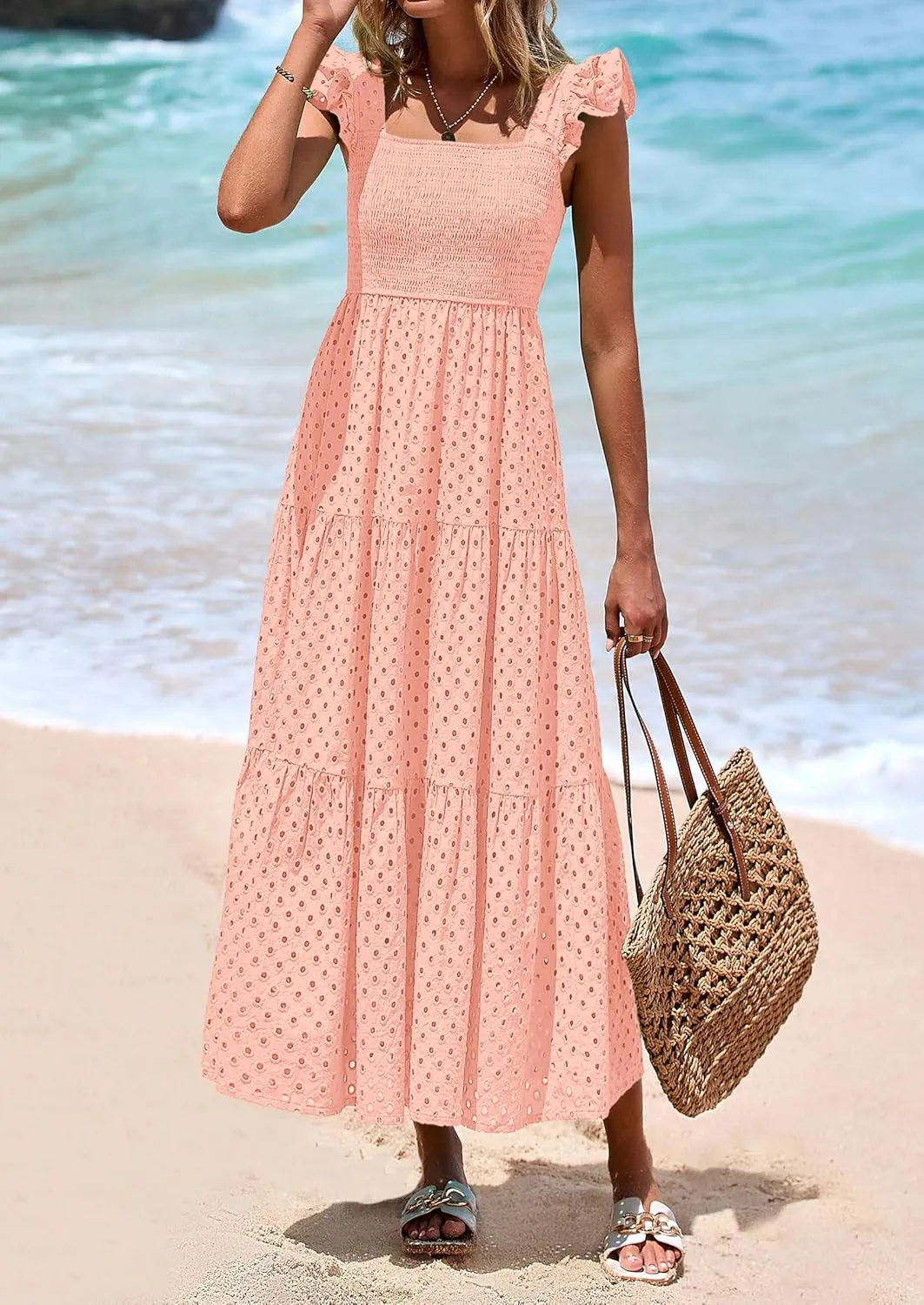 PRETTYGARDEN Womens Summer Square Neck Maxi Dresses Cap Sleeve Eyelet Smocked Tiered A Line Flowy Long Dress with Pockets