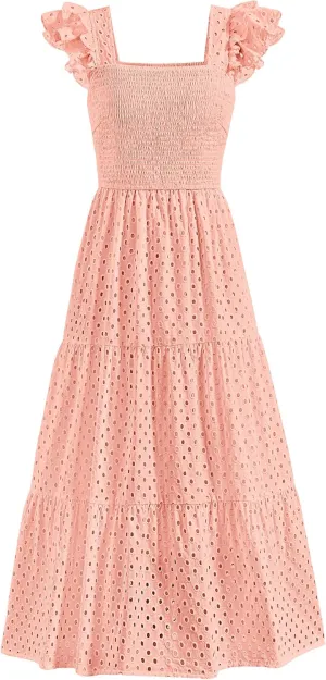 PRETTYGARDEN Womens Summer Square Neck Maxi Dresses Cap Sleeve Eyelet Smocked Tiered A Line Flowy Long Dress with Pockets