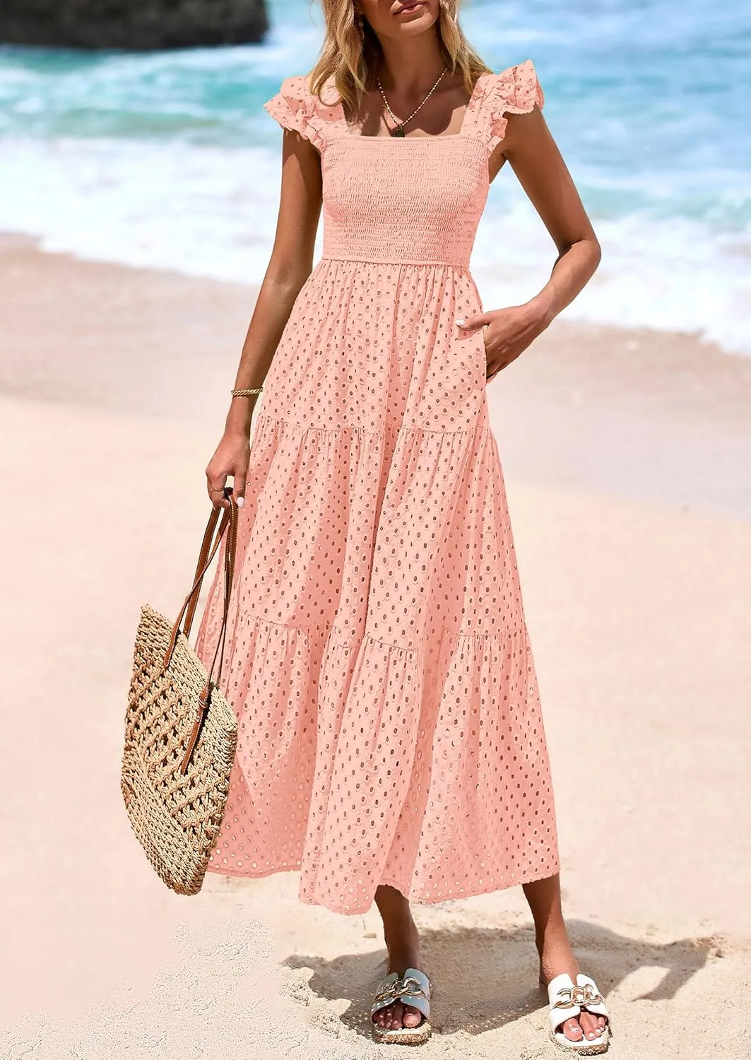 PRETTYGARDEN Womens Summer Square Neck Maxi Dresses Cap Sleeve Eyelet Smocked Tiered A Line Flowy Long Dress with Pockets