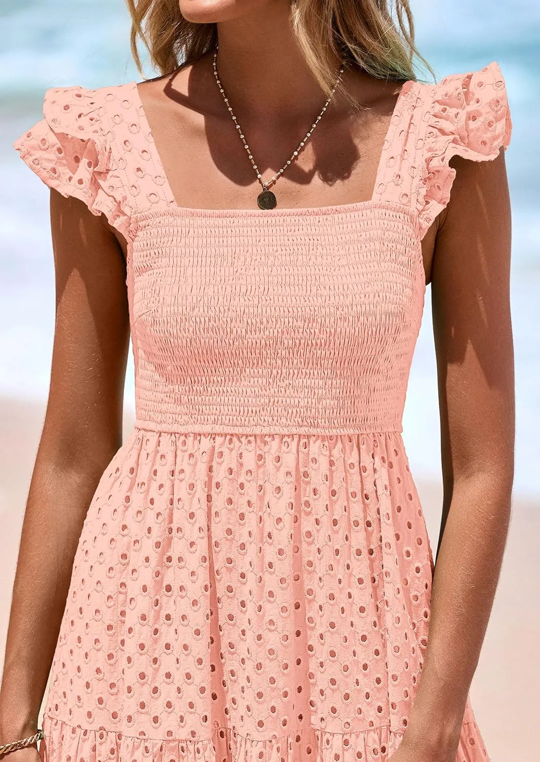 PRETTYGARDEN Womens Summer Square Neck Maxi Dresses Cap Sleeve Eyelet Smocked Tiered A Line Flowy Long Dress with Pockets