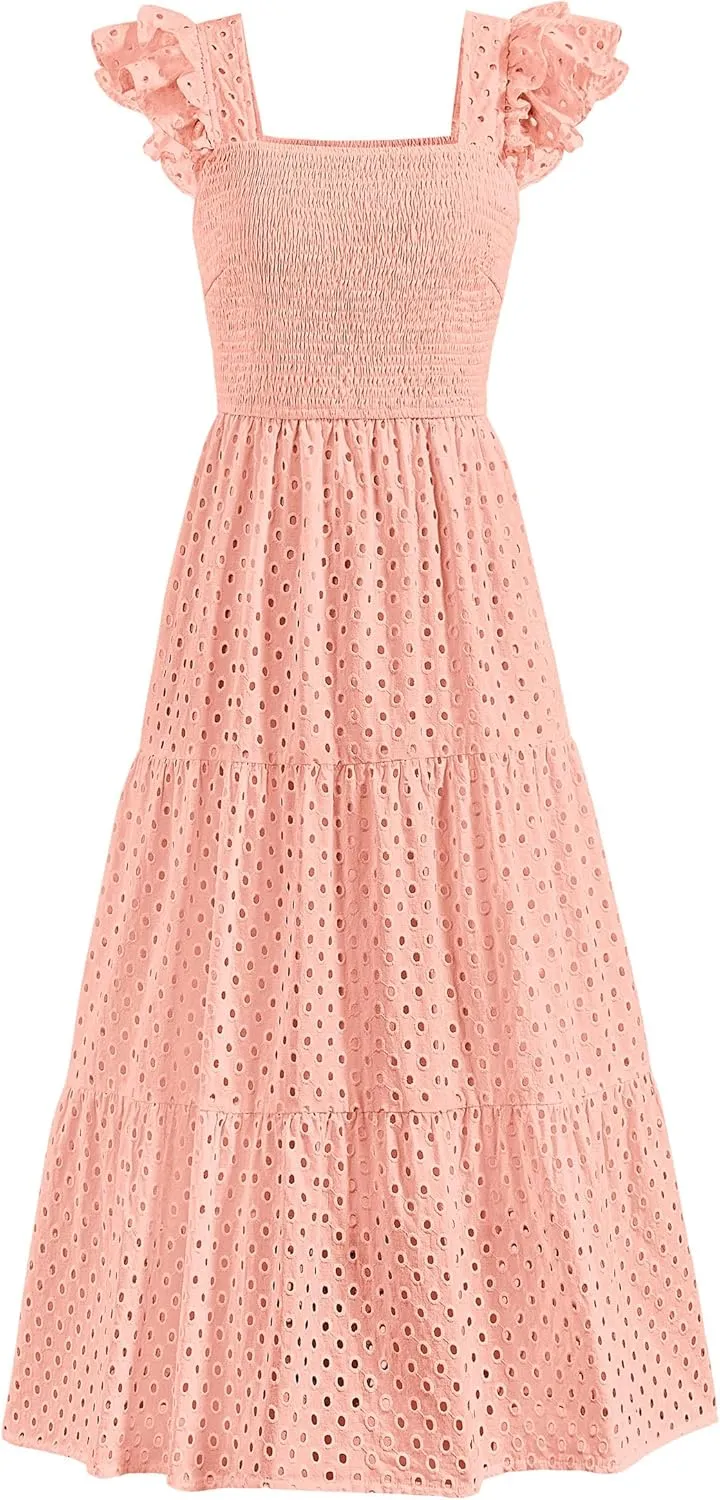 PRETTYGARDEN Womens Summer Square Neck Maxi Dresses Cap Sleeve Eyelet Smocked Tiered A Line Flowy Long Dress with Pockets