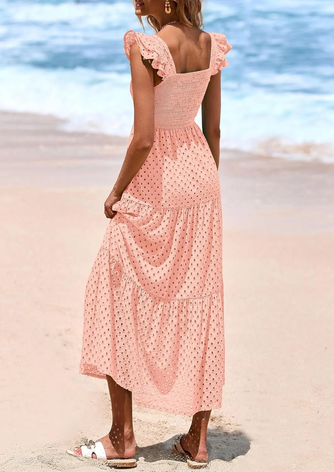 PRETTYGARDEN Womens Summer Square Neck Maxi Dresses Cap Sleeve Eyelet Smocked Tiered A Line Flowy Long Dress with Pockets