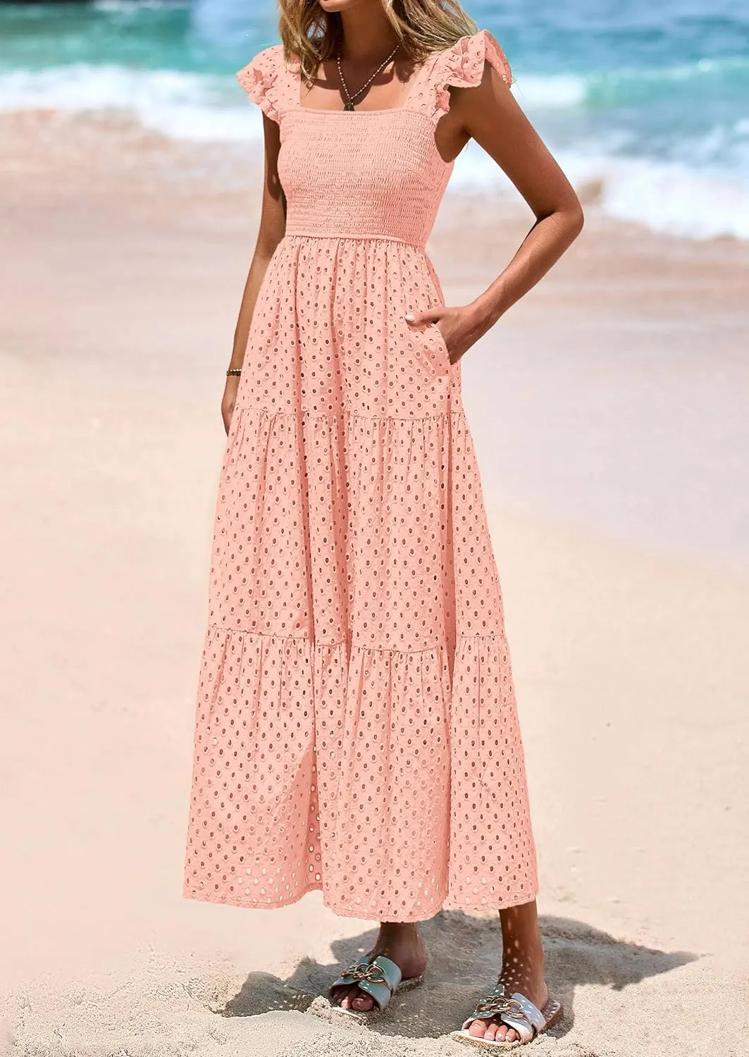 PRETTYGARDEN Womens Summer Square Neck Maxi Dresses Cap Sleeve Eyelet Smocked Tiered A Line Flowy Long Dress with Pockets