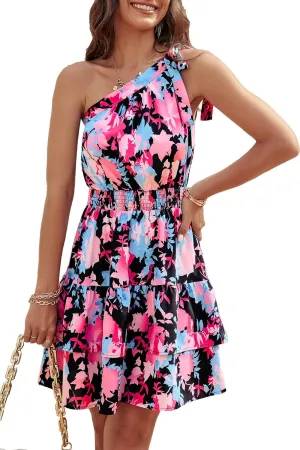 PRETTYGARDEN Women's Summer Tie One Shoulder Boho Floral Dress Elastic Waist Tiered Ruffle A Line Flowy Mini Dresses