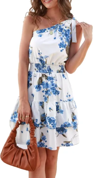 PRETTYGARDEN Women's Summer Tie One Shoulder Boho Floral Dress Elastic Waist Tiered Ruffle A Line Flowy Mini Dresses