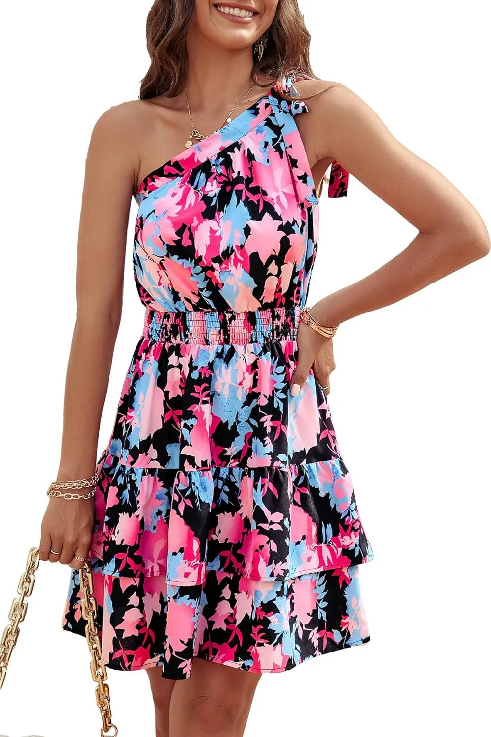 PRETTYGARDEN Women's Summer Tie One Shoulder Boho Floral Dress Elastic Waist Tiered Ruffle A Line Flowy Mini Dresses