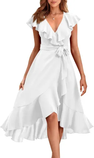 PRETTYGARDEN Women's Summer Wrap Maxi Dress Casual Boho Deep V Neck Short Sleeve Ruffle Hem Split Beach Long Dresses (White,Large)
