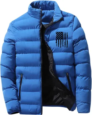 Puffer Jacket Men Packable Lightweight Down Coat USA Flag Winter Jacket Zip up Quilted Jacket with Zipper Pockets