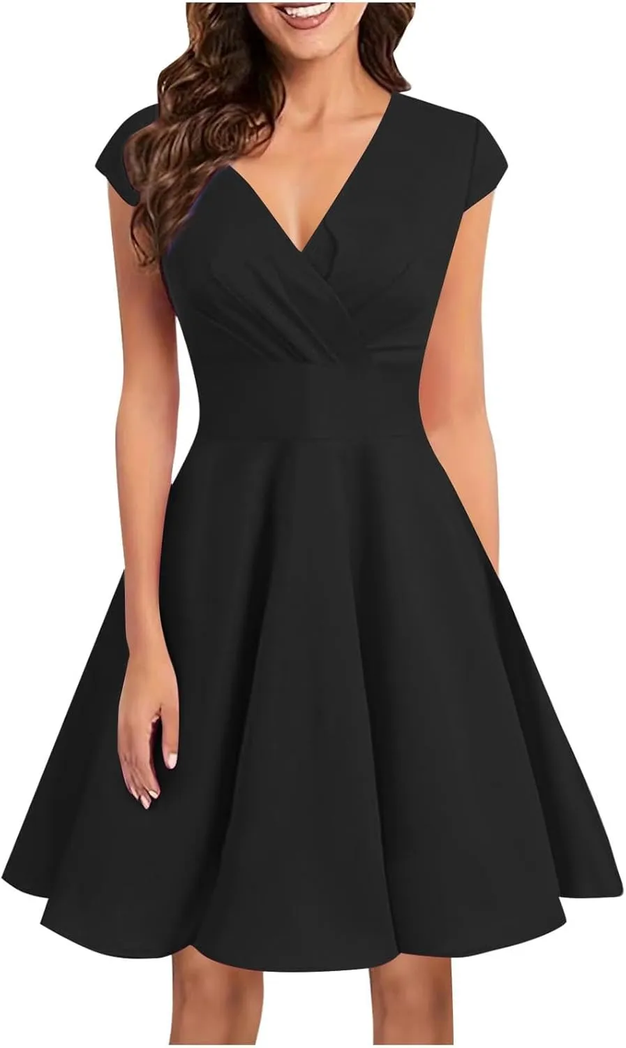 QIGUAND Womens 1950s Satin Swing Dress Vintage Wrap V Neck Cap Sleeve A-Line Dresses Elegant Cocktail Party Midi Flared Dress