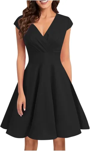 QIGUAND Womens 1950s Satin Swing Dress Vintage Wrap V Neck Cap Sleeve A-Line Dresses Elegant Cocktail Party Midi Flared Dress