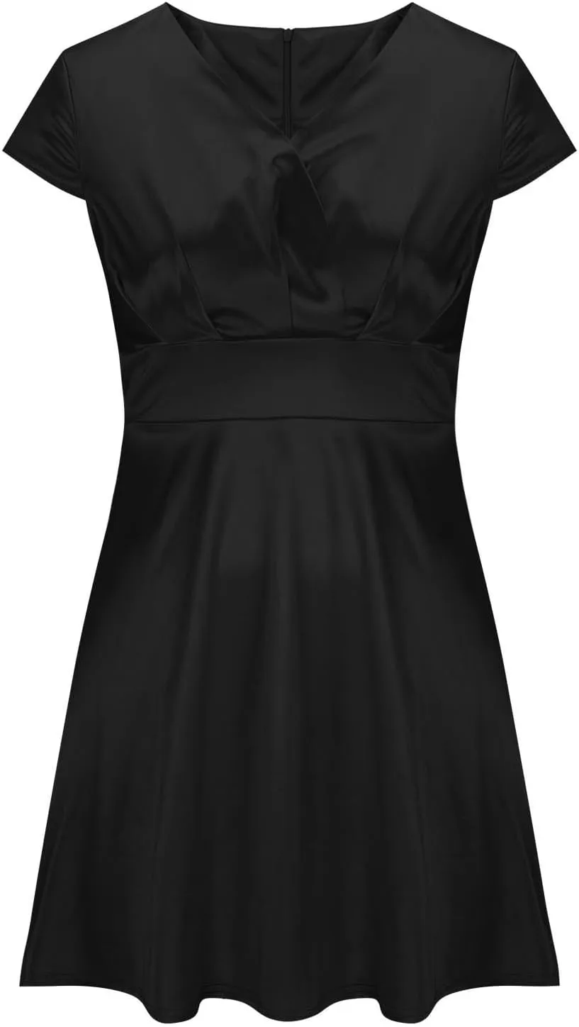 QIGUAND Womens 1950s Satin Swing Dress Vintage Wrap V Neck Cap Sleeve A-Line Dresses Elegant Cocktail Party Midi Flared Dress