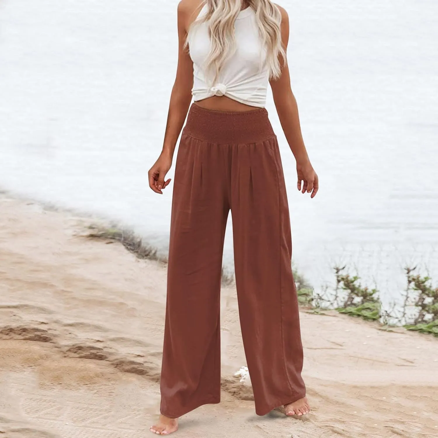 QWENTMTNTY Wide Leg Palazzo Pants for Women Cotton Linen High Waisted Plus Size Summer Pants Casual Work Dressy Trousers