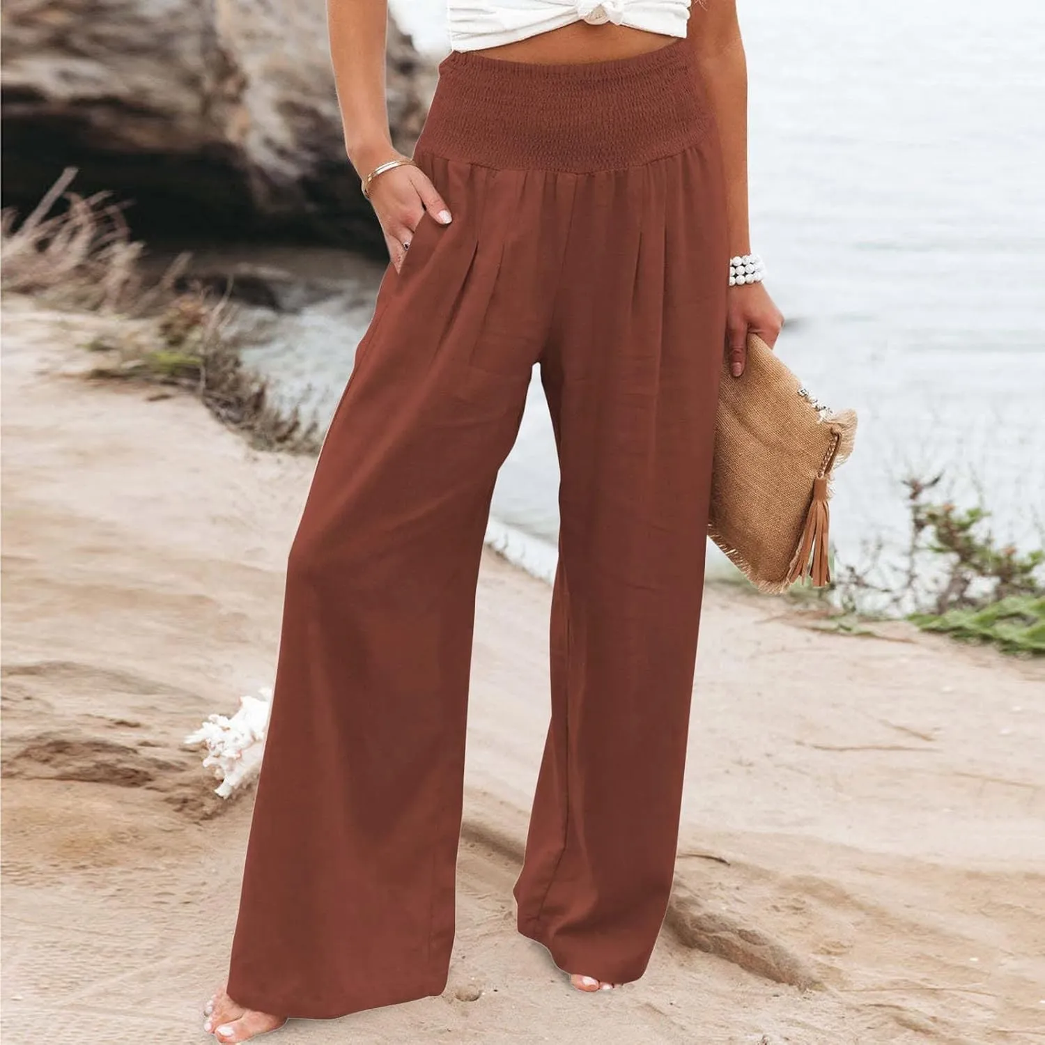 QWENTMTNTY Wide Leg Palazzo Pants for Women Cotton Linen High Waisted Plus Size Summer Pants Casual Work Dressy Trousers
