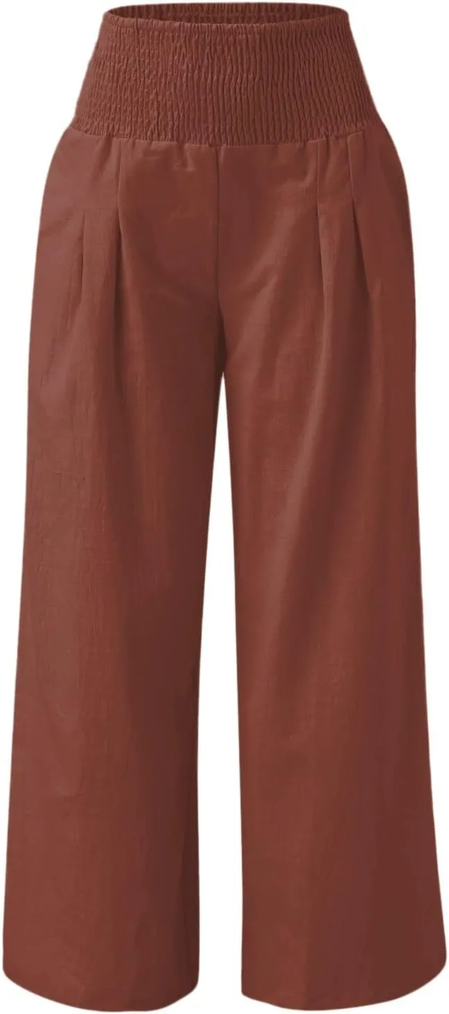 QWENTMTNTY Wide Leg Palazzo Pants for Women Cotton Linen High Waisted Plus Size Summer Pants Casual Work Dressy Trousers