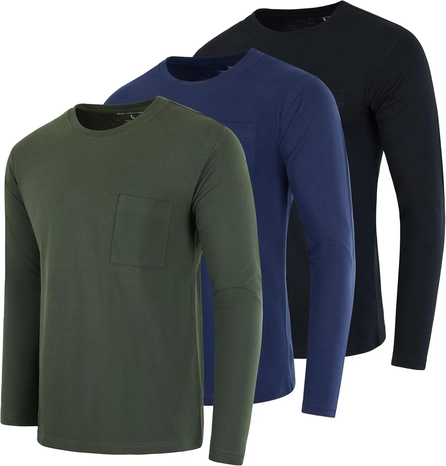 Real Essentials 3 Pack: Men's Cotton Performance Long Sleeve Crew Neck Pocket T-Shirt Athletic Top (Available in Big & Tall)