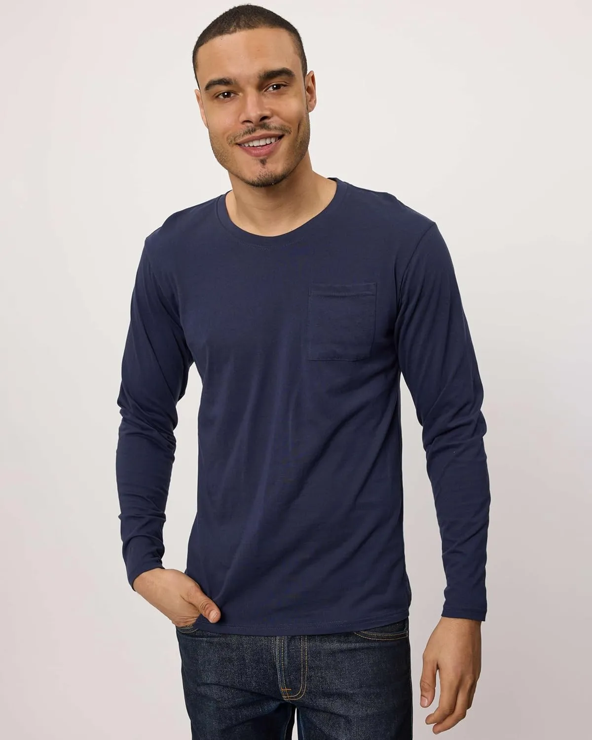 Real Essentials 3 Pack: Men's Cotton Performance Long Sleeve Crew Neck Pocket T-Shirt Athletic Top (Available in Big & Tall)