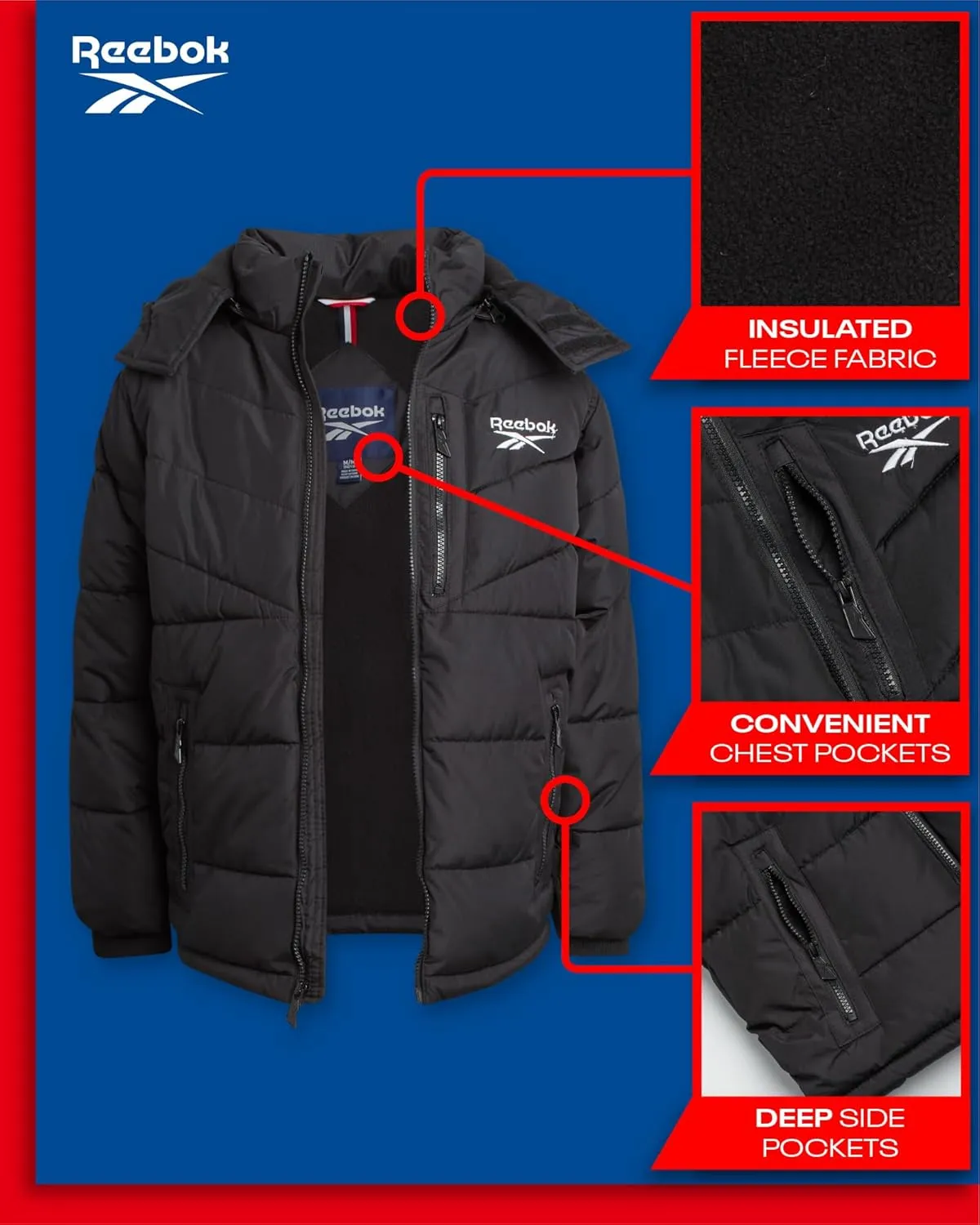 Reebok Boys' Winter Jacket - Heavyweight Quilted Puffer Parka Coat - Insulated Ski Jacket for Boys (8-20)