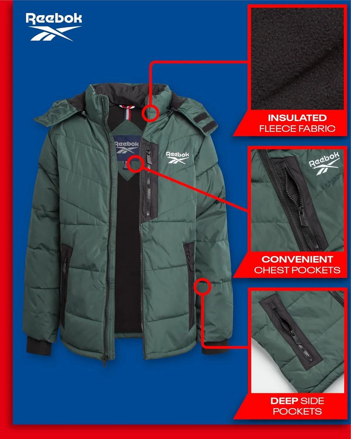 Reebok Boys' Winter Jacket - Heavyweight Quilted Puffer Parka Coat - Insulated Ski Jacket for Boys (8-20)