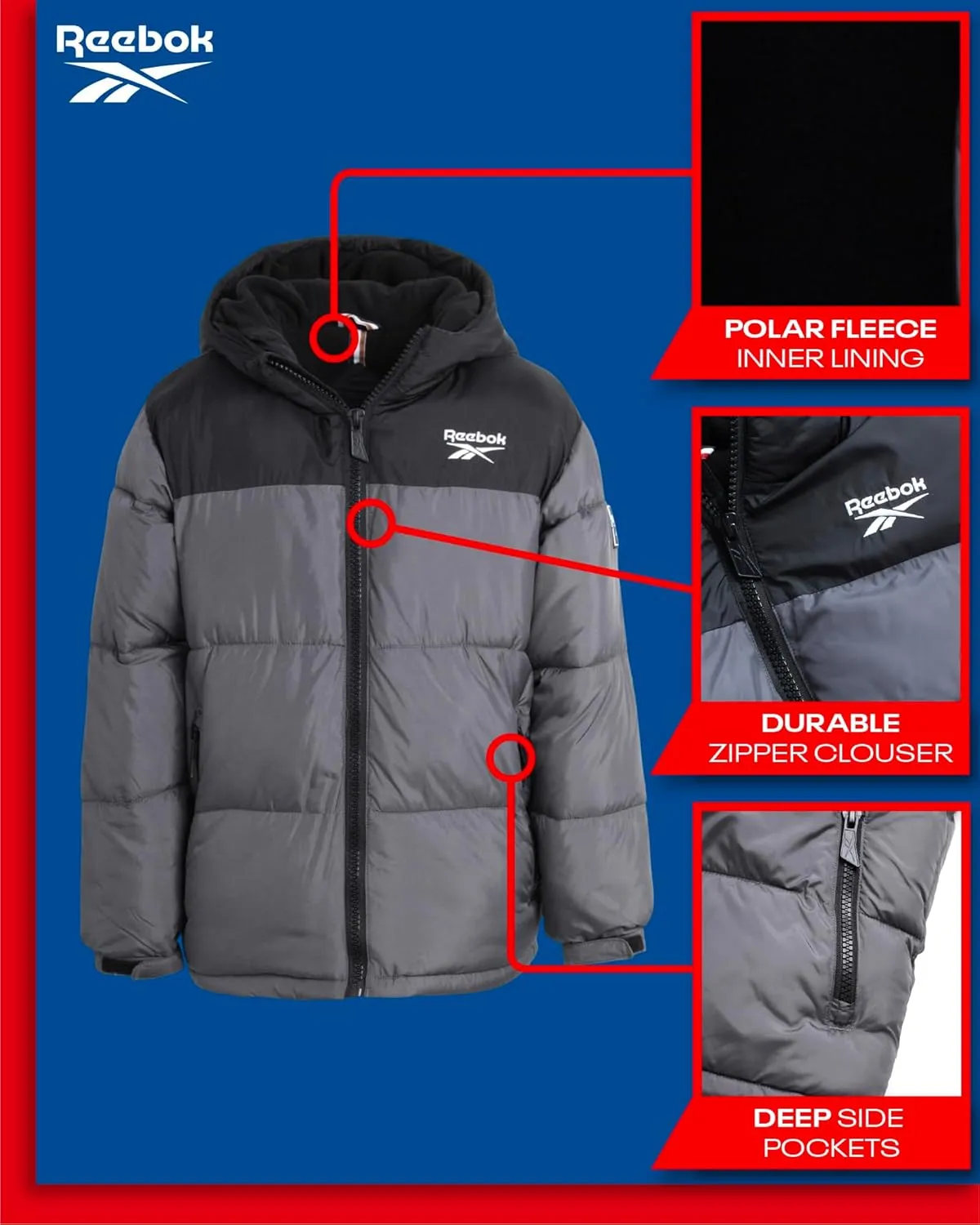 Reebok Boys' Winter Jacket  Heavyweight Quilted Puffer Parka Coat - Weather Resistant Ski Jacket for Boys (8-20)