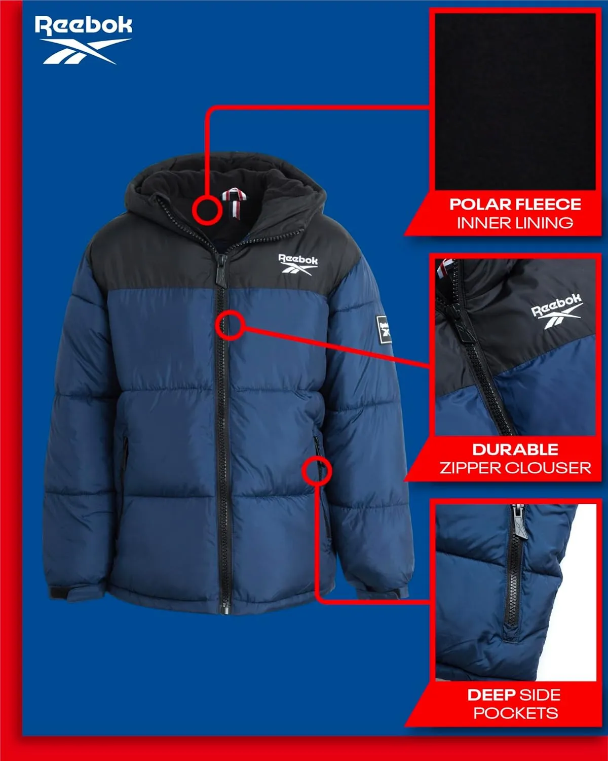 Reebok Boys' Winter Jacket  Heavyweight Quilted Puffer Parka Coat - Weather Resistant Ski Jacket for Boys (8-20)