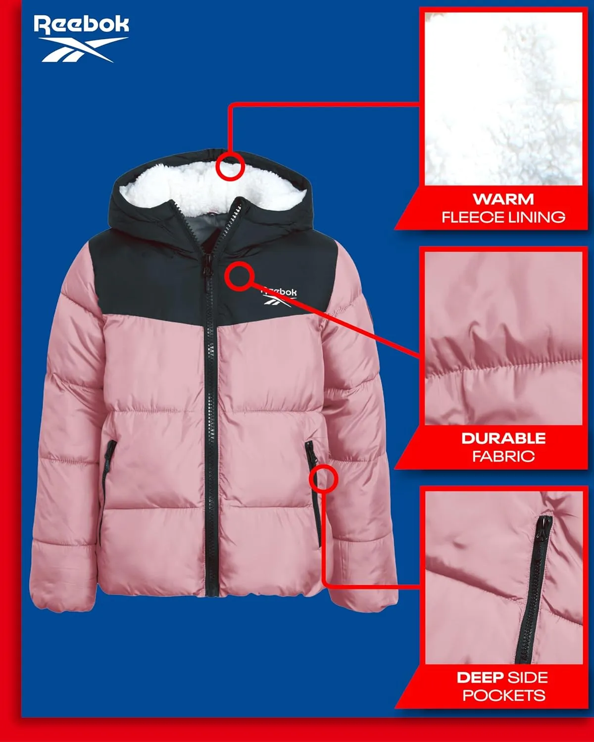 Reebok Girls Winter Jacket - Fleece Lined Heavyweight Quilted Puffer Parka Coat - Ski Jacket for Girls (4-16)