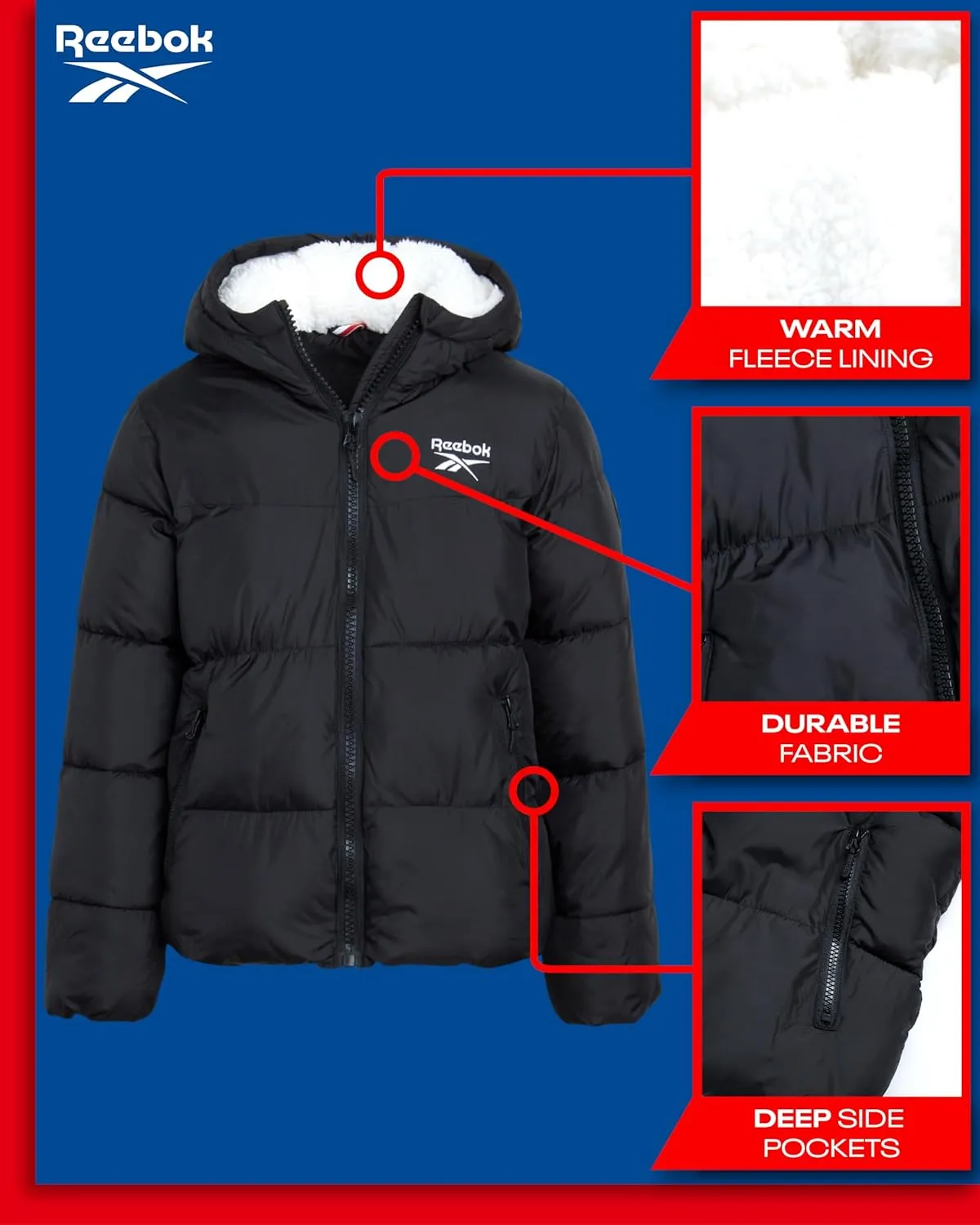 Reebok Girls Winter Jacket - Fleece Lined Heavyweight Quilted Puffer Parka Coat - Ski Jacket for Girls (4-16)