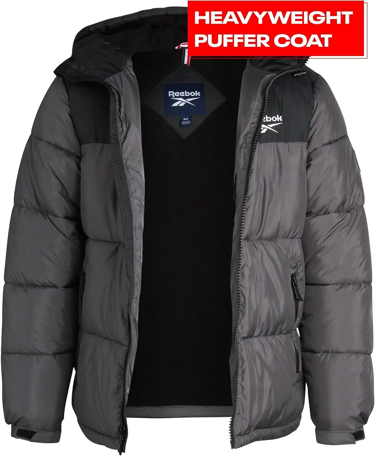 Reebok Men's Puffer Jacket - Heavyweight Quilted Puffer Coat with Wide Hood - Weather Resistant Ski Jacket for Men (M-XXL)