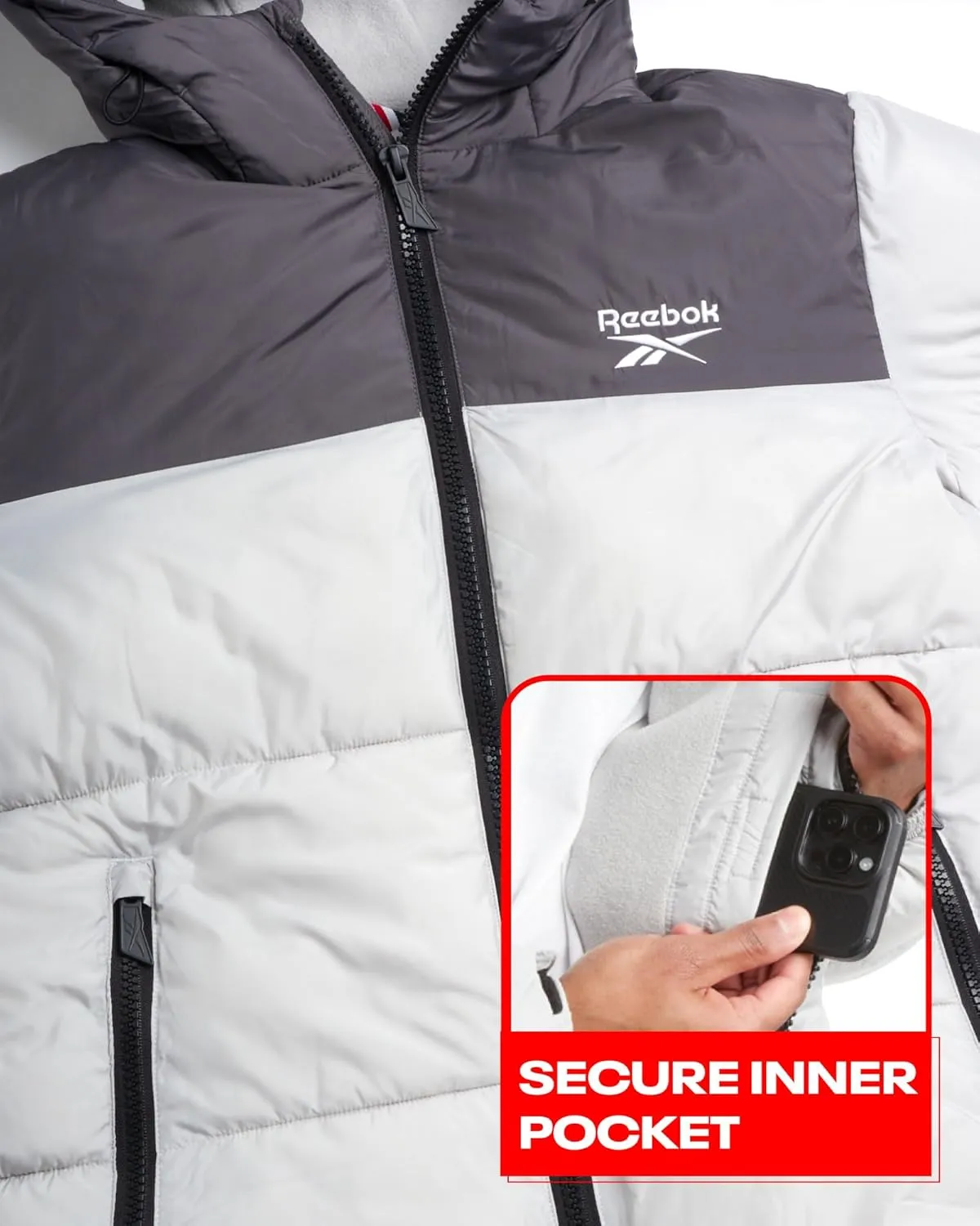 Reebok Men's Puffer Jacket - Heavyweight Quilted Puffer Coat with Wide Hood - Weather Resistant Ski Jacket for Men (M-XXL)