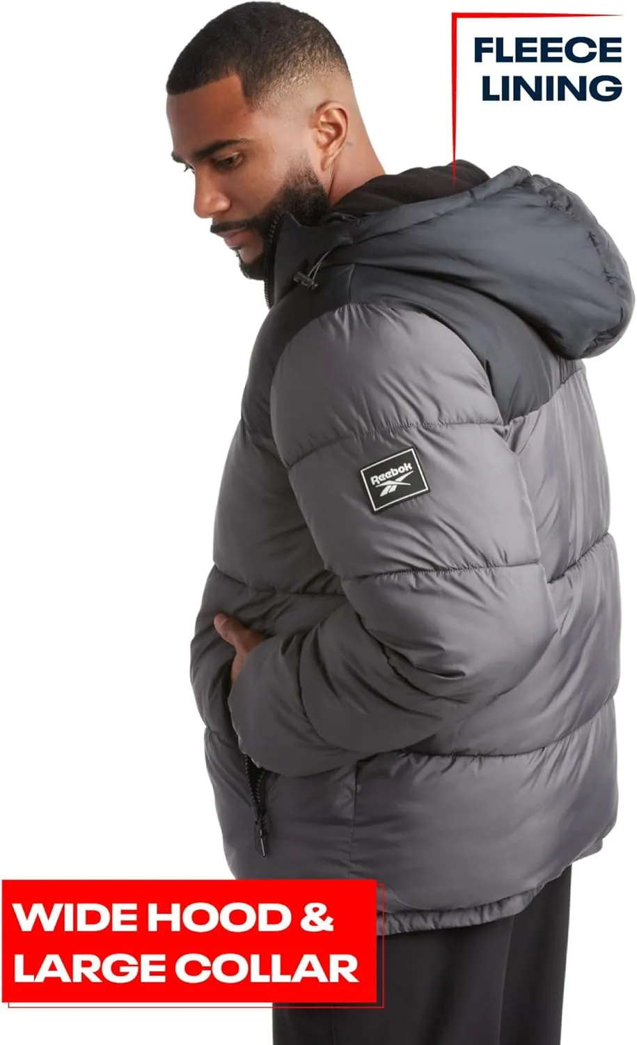 Reebok Men's Puffer Jacket - Heavyweight Quilted Puffer Coat with Wide Hood - Weather Resistant Ski Jacket for Men (M-XXL)