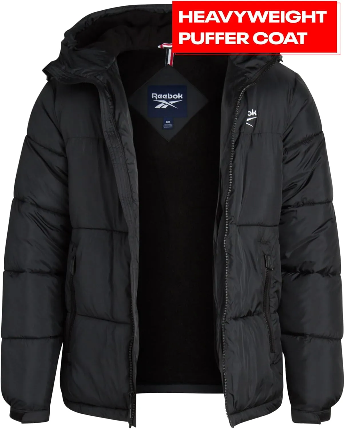 Reebok Men's Puffer Jacket - Heavyweight Quilted Puffer Coat with Wide Hood - Weather Resistant Ski Jacket for Men (M-XXL)