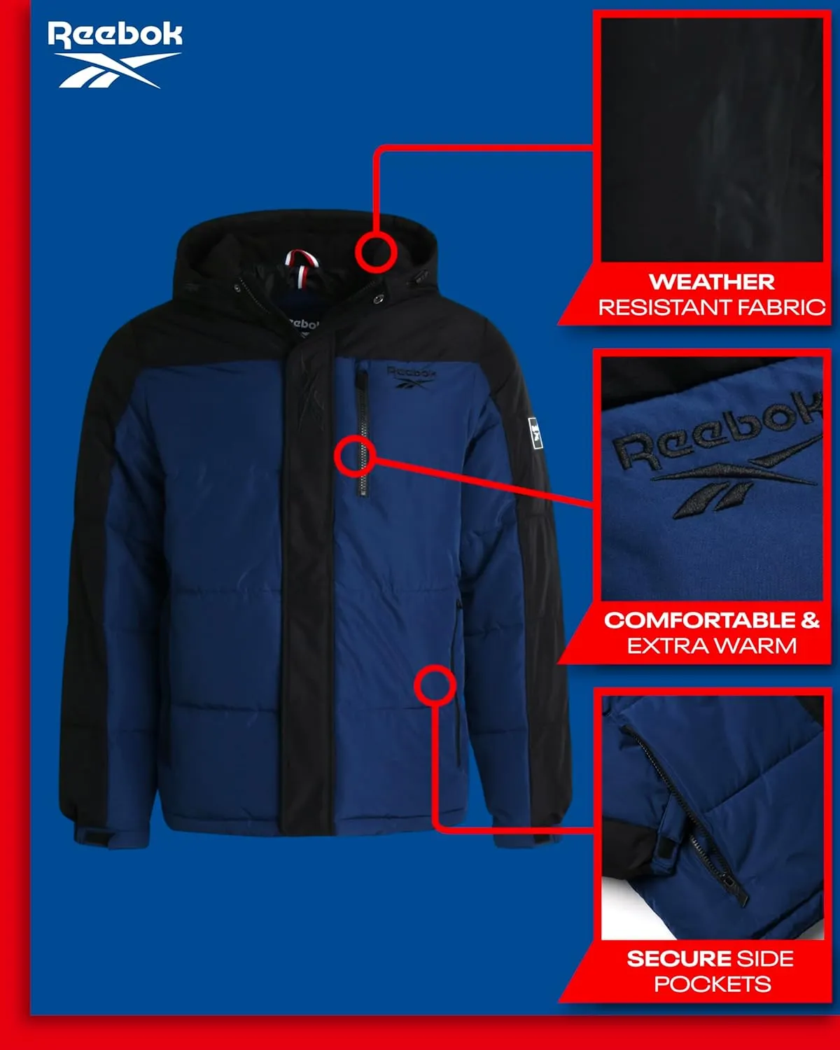 Reebok Men's Winter Jacket - Heavyweight Quilted Puffer Parka Coat - Weather Resistant Ski Jacket for Men (M-XXL)