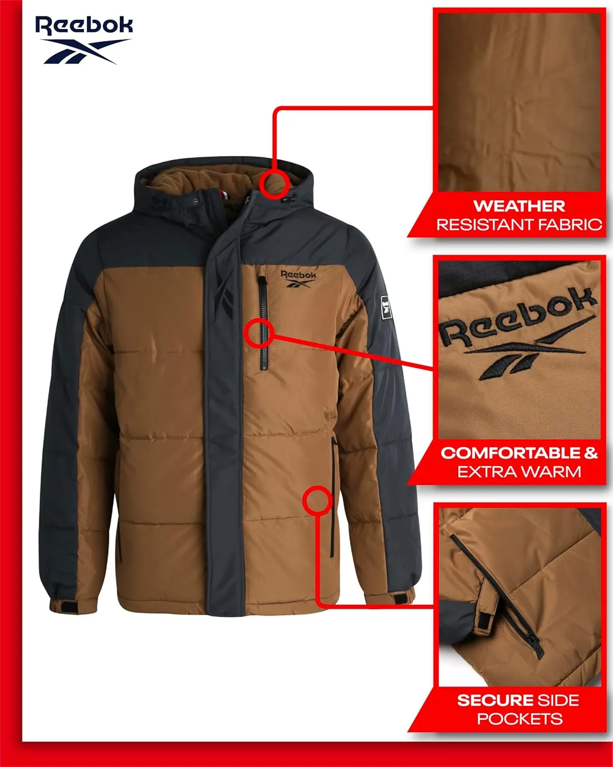 Reebok Men's Winter Jacket - Heavyweight Quilted Puffer Parka Coat - Weather Resistant Ski Jacket for Men (M-XXL)