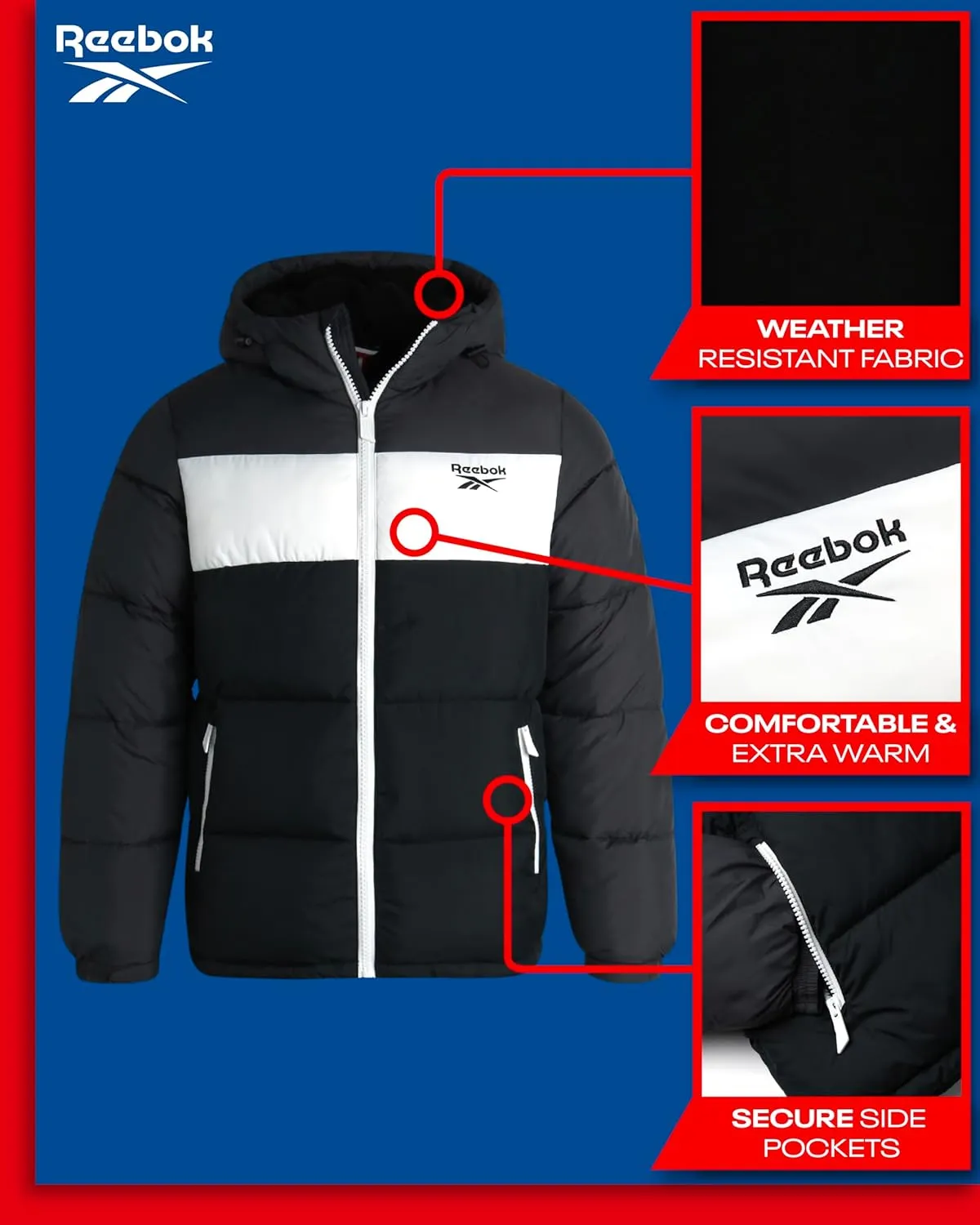 Reebok Men's Winter Jacket - Heavyweight Quilted Puffer Parka Coat - Weather Resistant Ski Jacket for Men (M-XXL)
