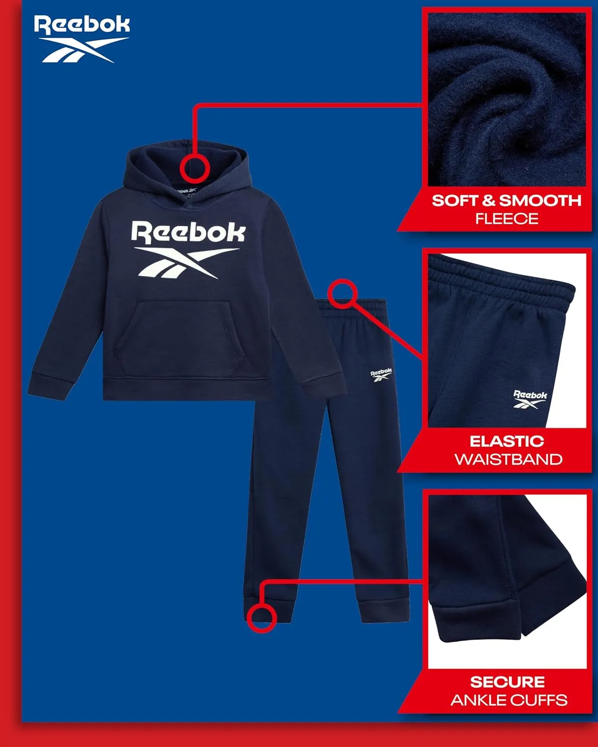 Reebok Toddler Boys' Sweatsuit Set - 2 Piece Active Fleece Hoodie Sweatshirt and Jogger Sweatpants Set for Boys (Sizes: 2T-7)