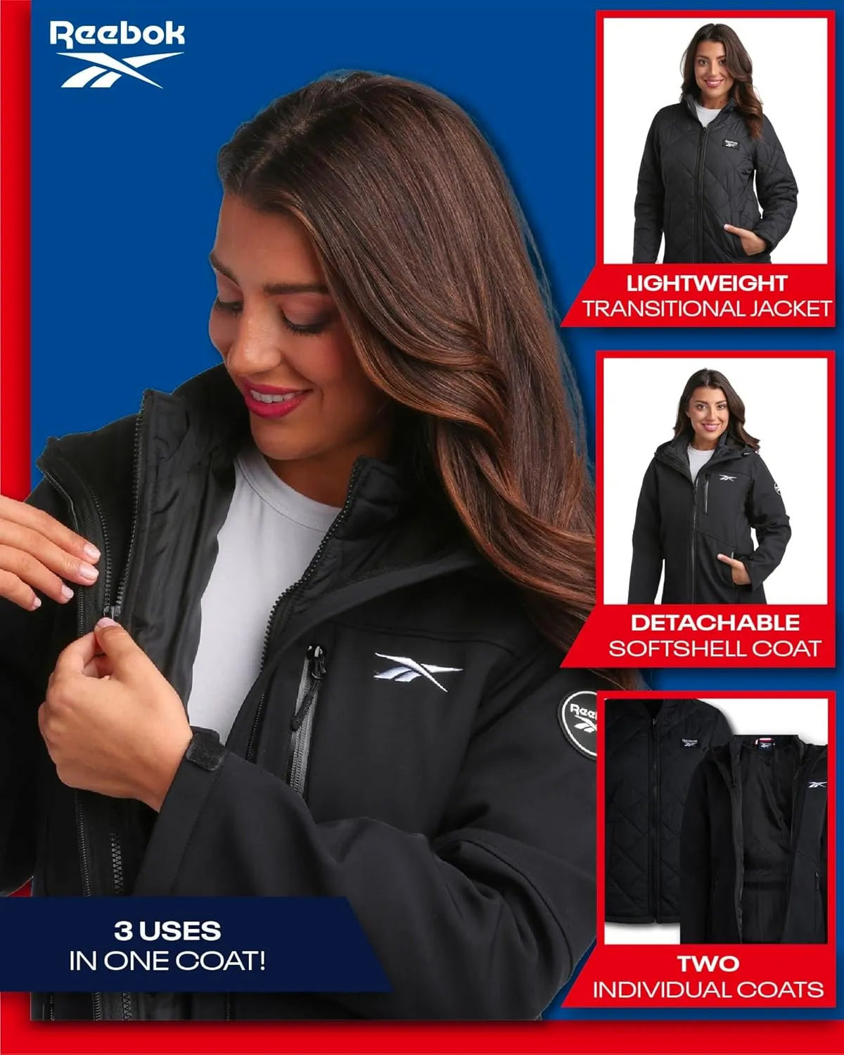 Reebok Womens Winter Coat  Waterproof Windbreaker Jacket with Removable Puffer Coat  System Jacket for Women (S-XL)
