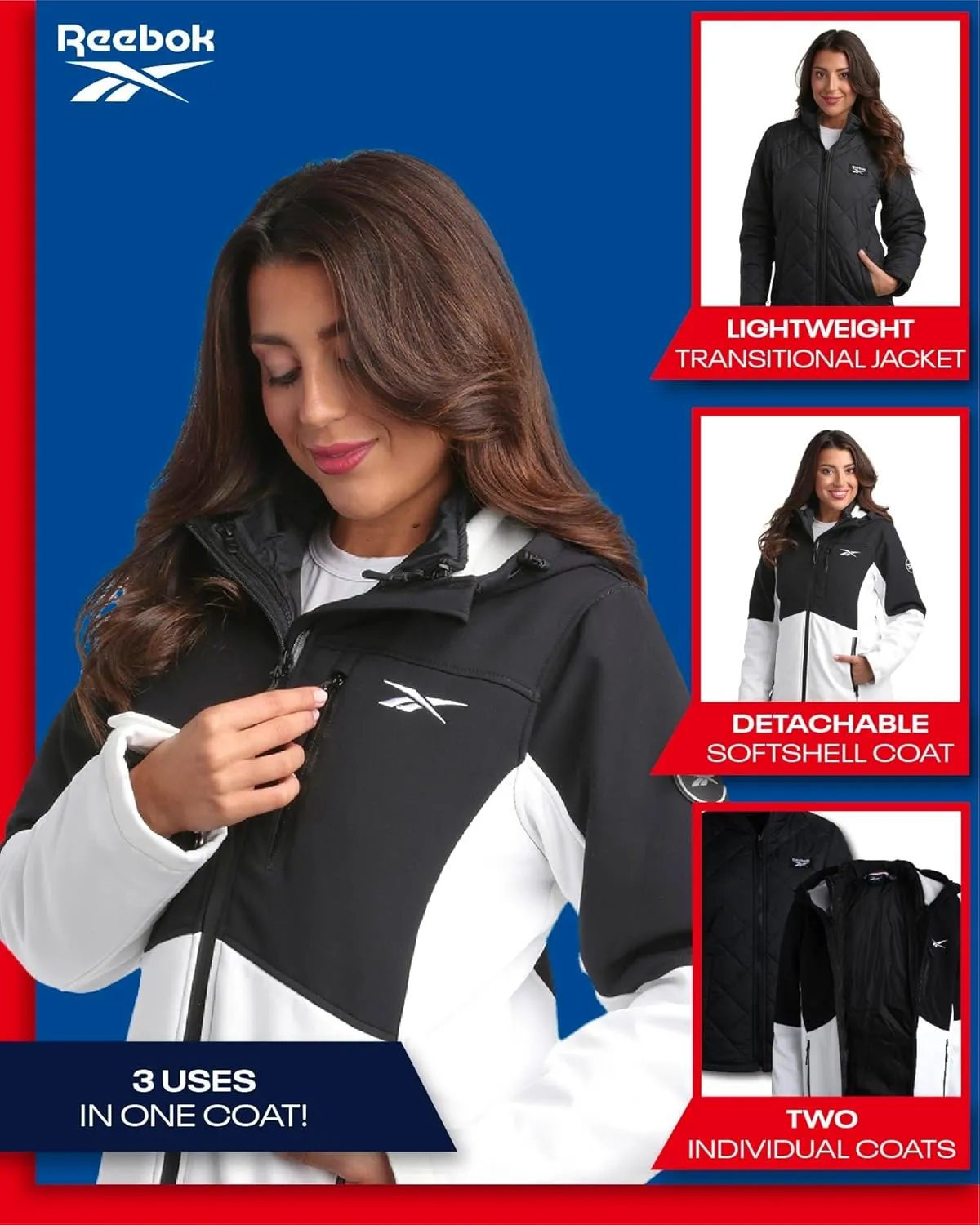 Reebok Womens Winter Coat  Waterproof Windbreaker Jacket with Removable Puffer Coat  System Jacket for Women (S-XL)