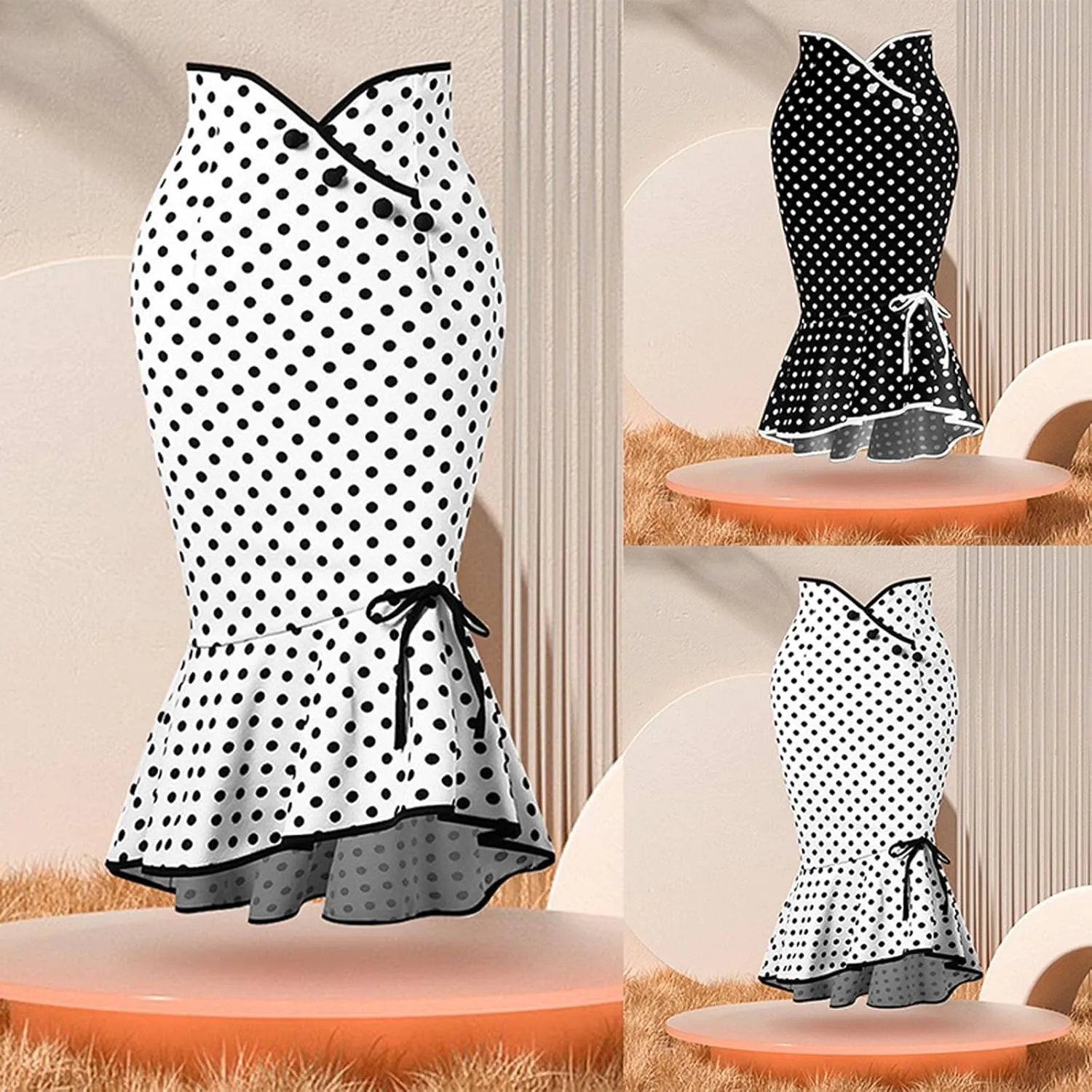 Retro Polka Dot Fishtail Midi Skirt for Women A Line Crossover High Waist Lace Up Ruffle Hem Bodycon Party Pencil Skirt