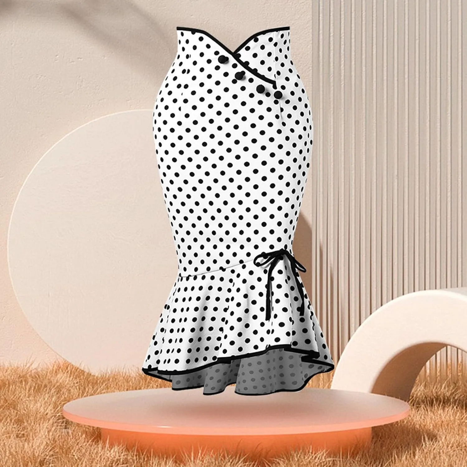 Retro Polka Dot Fishtail Midi Skirt for Women A Line Crossover High Waist Lace Up Ruffle Hem Bodycon Party Pencil Skirt