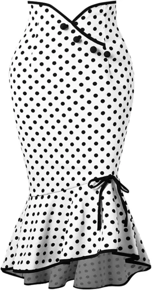 Retro Polka Dot Fishtail Midi Skirt for Women A Line Crossover High Waist Lace Up Ruffle Hem Bodycon Party Pencil Skirt