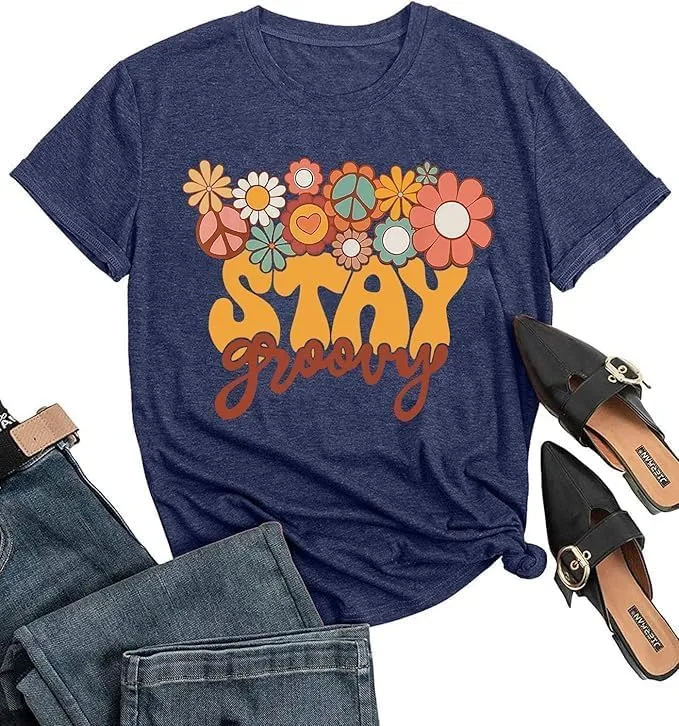 Retro Stay Groovy Shirt Women Floral Graphic Tee Hippie Vintage 70s Disco Peace Casual Short Sleeve Top
