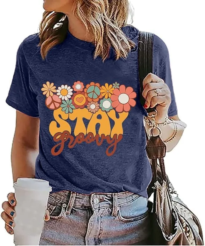 Retro Stay Groovy Shirt Women Floral Graphic Tee Hippie Vintage 70s Disco Peace Casual Short Sleeve Top
