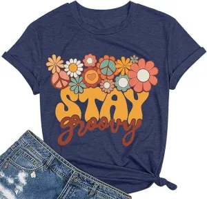 Retro Stay Groovy Shirt Women Floral Graphic Tee Hippie Vintage 70s Disco Peace Casual Short Sleeve Top