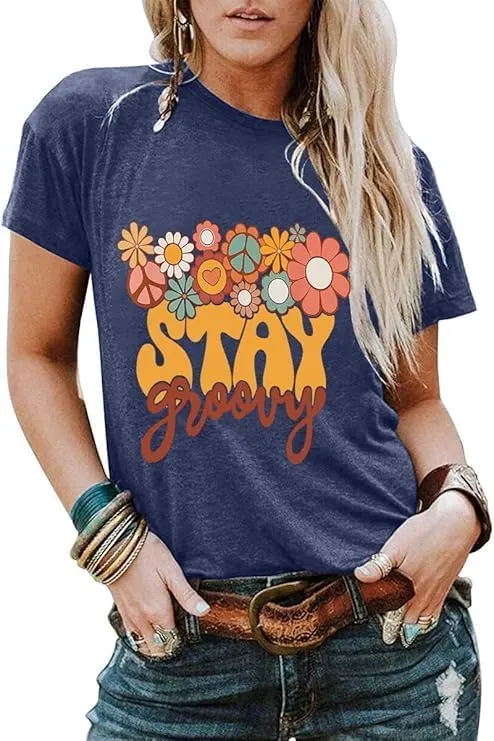 Retro Stay Groovy Shirt Women Floral Graphic Tee Hippie Vintage 70s Disco Peace Casual Short Sleeve Top