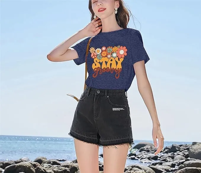 Retro Stay Groovy Shirt Women Floral Graphic Tee Hippie Vintage 70s Disco Peace Casual Short Sleeve Top