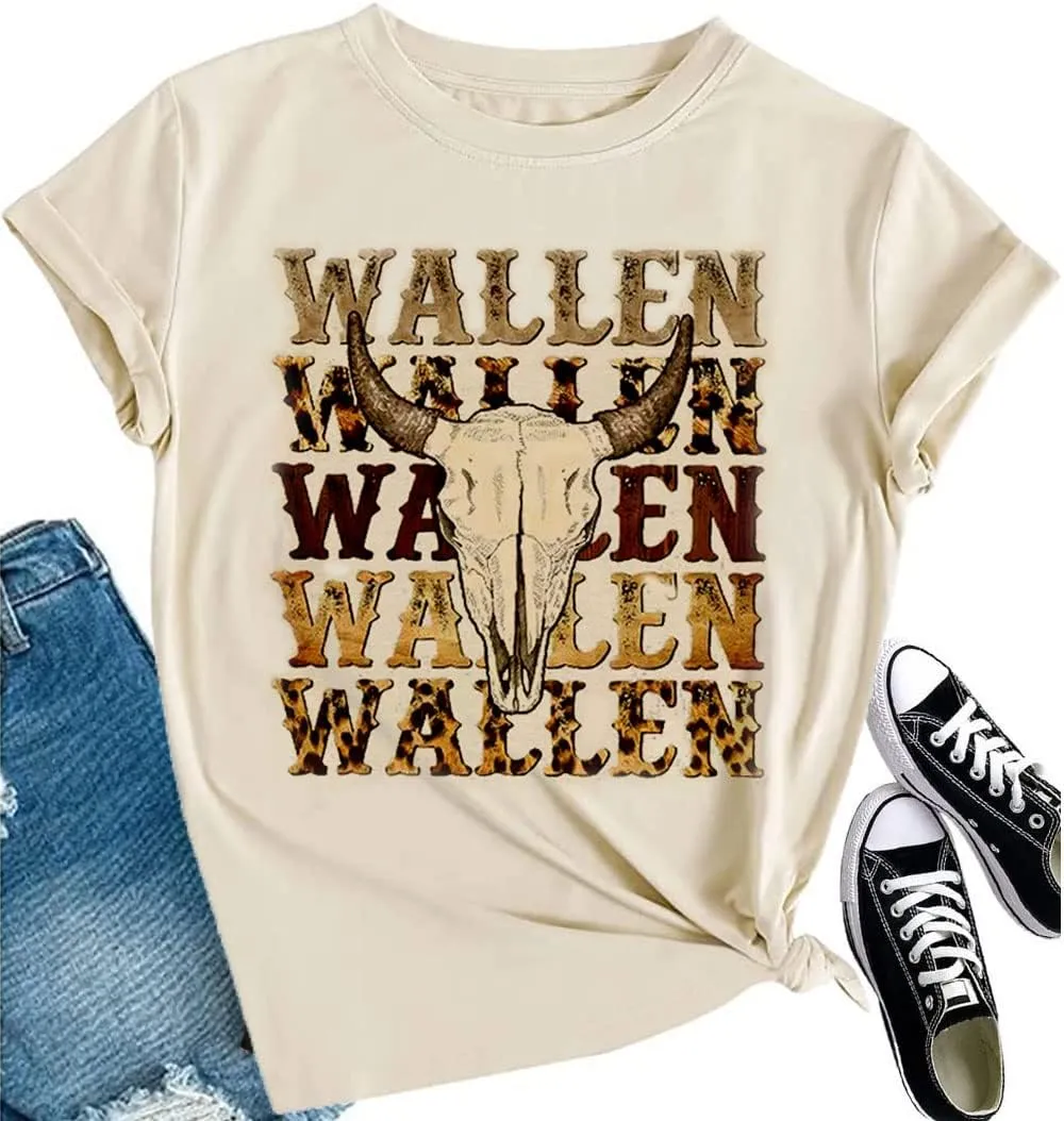 Retro Steer Skull Western T-Shirts Women Leopard Vintage Graphic Tees Country Concert Shirt Cowboy Short Sleeve Tops