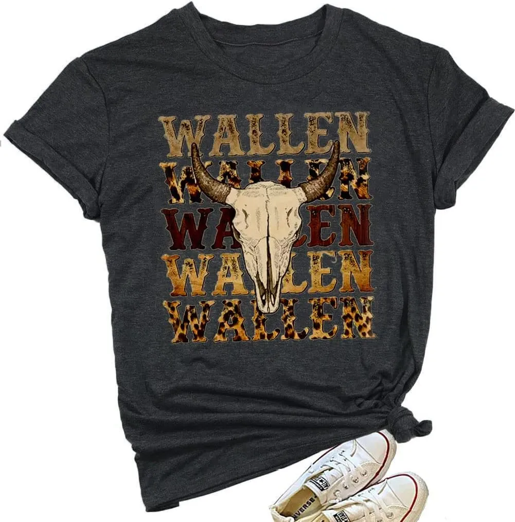 Retro Steer Skull Western T-Shirts Women Leopard Vintage Graphic Tees Country Concert Shirt Cowboy Short Sleeve Tops