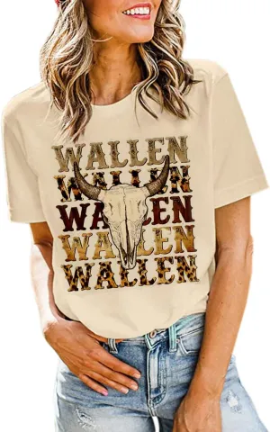 Retro Steer Skull Western T-Shirts Women Leopard Vintage Graphic Tees Country Concert Shirt Cowboy Short Sleeve Tops