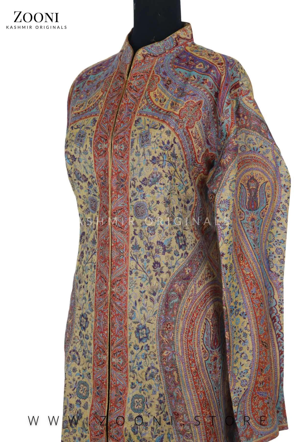 Royal - Limited Edition Stitched Kaani Woven Women's Luxury Coat - Mustard and Burnt Orange